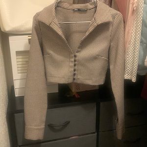 ZARA CROP HOUNDSTOOTH FITTED BLAZER SIZE S